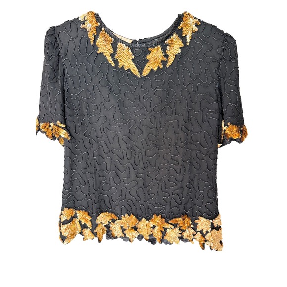 Laurence Kazar Tops - Laurence Kazar Beaded Silk Blouse Vintage 90s Gold Sequin Top Size S